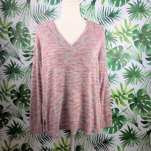 Loft Outlet Pink & Gray Striped V-Neck Sweater (Size: Medium)9.3oz